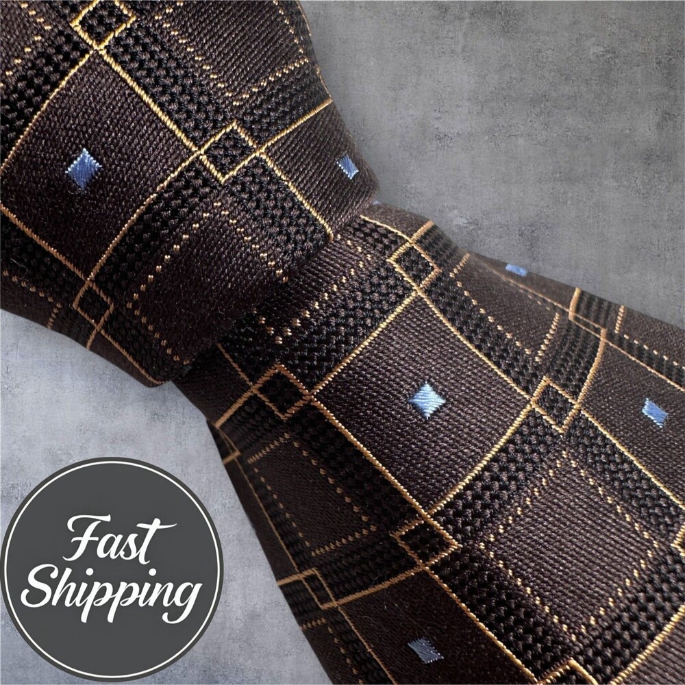 IKE BEHAR *Made in USA* Silk Tie Geometric 100% Silk Necktie Brown/Blue